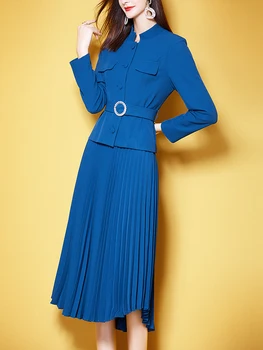 2022 Bahar Resmi Iş Kıyafetleri kadın Zarif Standı Yaka Blazer Takım Elbise Uzun Pilili Etekler Iki Parçalı Elbise Setleri Mavi