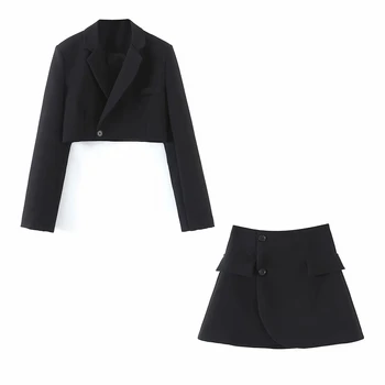 Eşleştirme Seti Blazer Ve Etekler Kadın İngiltere stil Göbek Maruz Kısa İmparatorluğu Blazer Feminino Femme Iki Parçalı Set