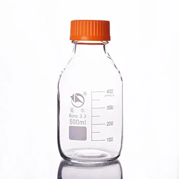 Reaktif şişesi, sarı vidalı kapaklı, Borosilikat cam 3.3, Kapasite 500ml, Mezuniyet Numune Şişeleri Plastik Kapaklı